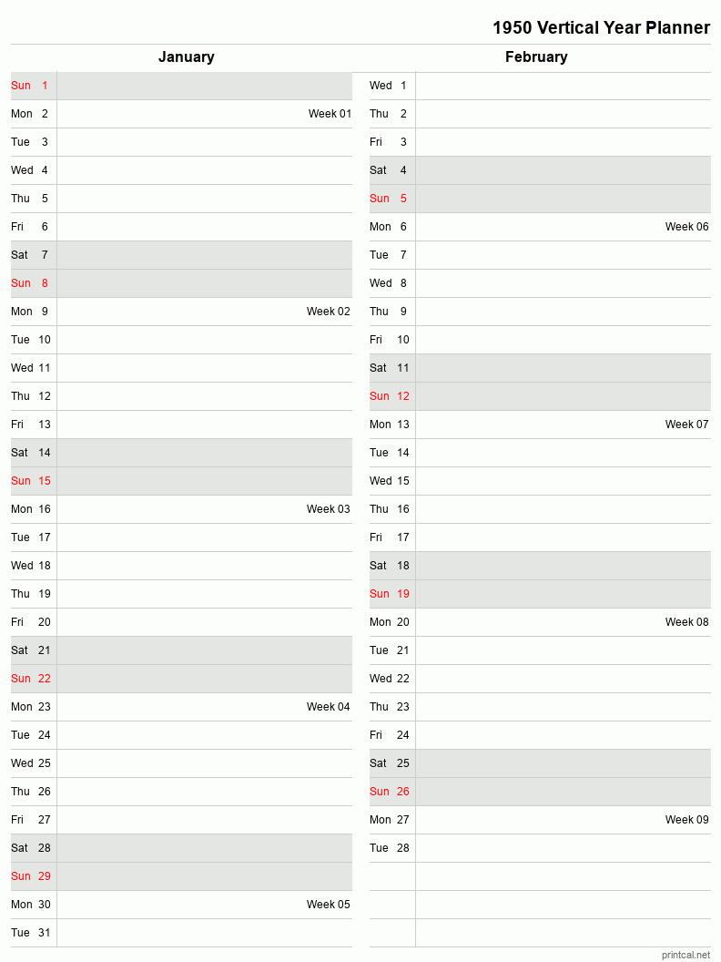 1950 Year Planner, January-February