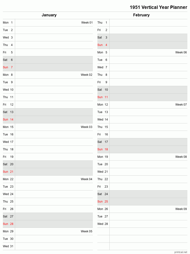 1951 Year Planner, January-February