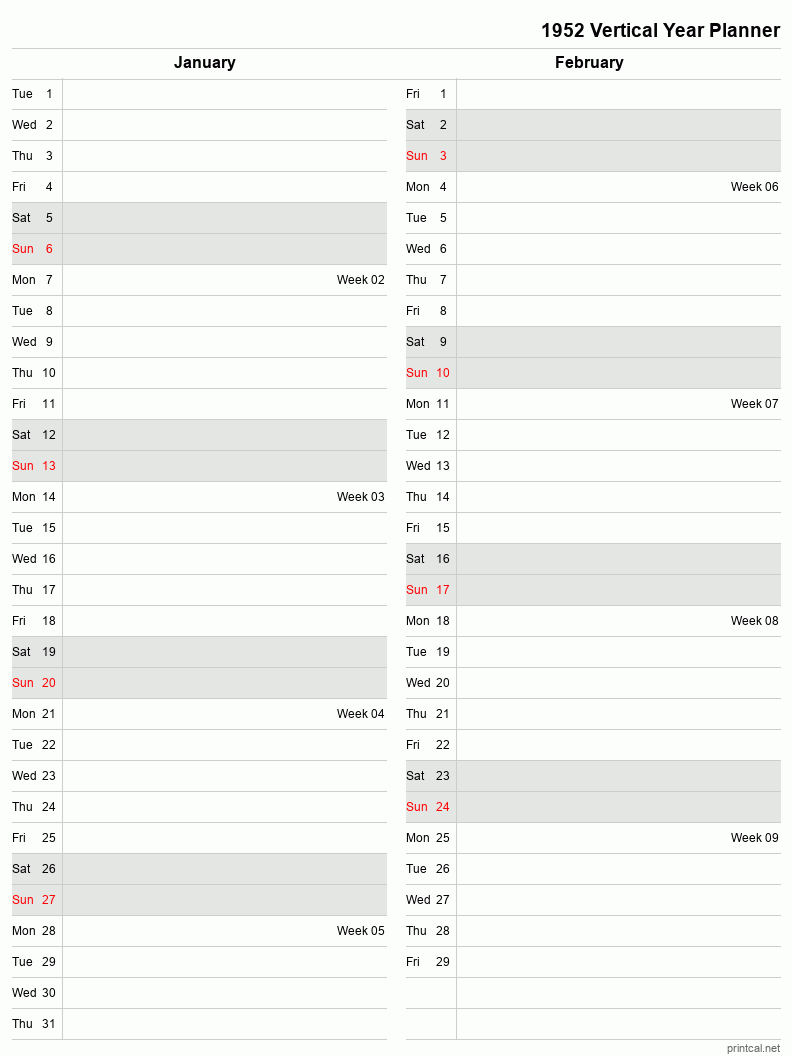 1952 Year Planner, January-February