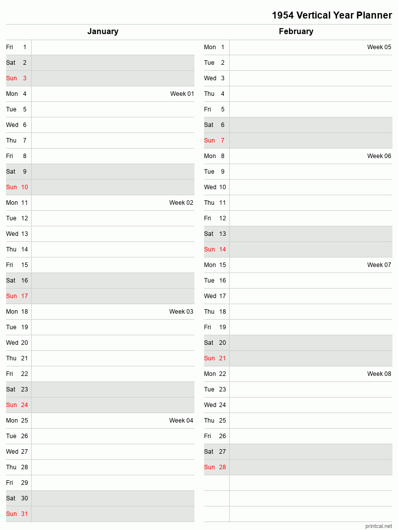 1954 Year Planner, January-February