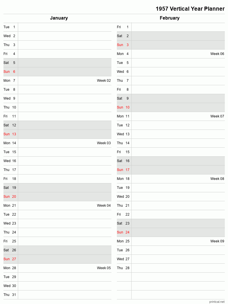 1957 Year Planner, January-February