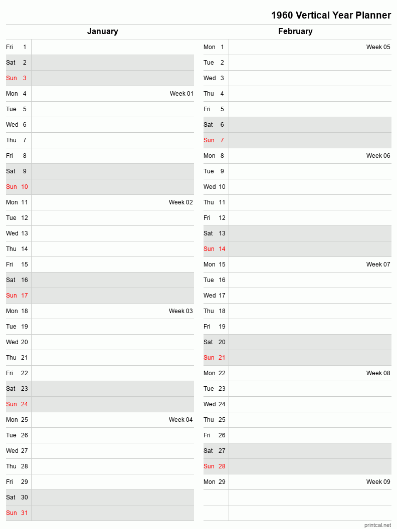 1960 Year Planner, January-February