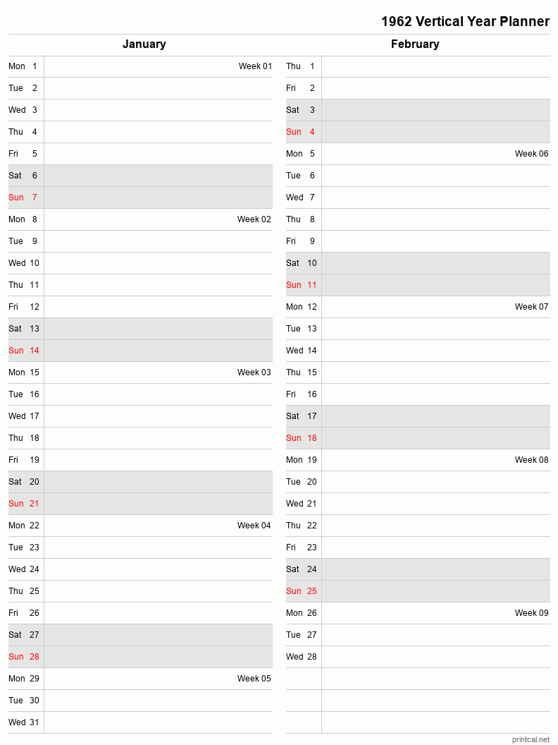 1962 Year Planner, January-February