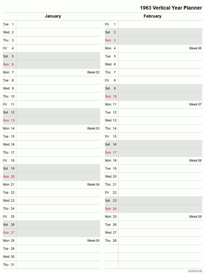 1963 Year Planner, January-February