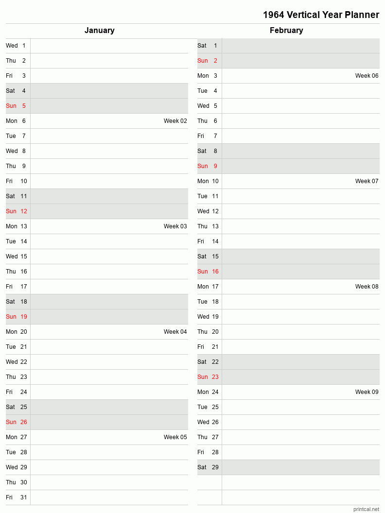 1964 Year Planner, January-February