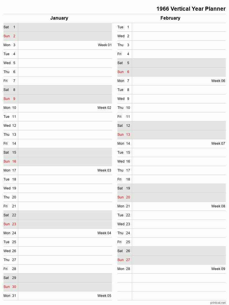 1966 Year Planner, January-February