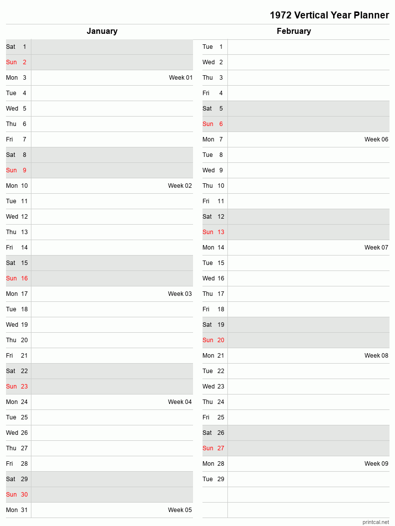 1972 Year Planner, January-February