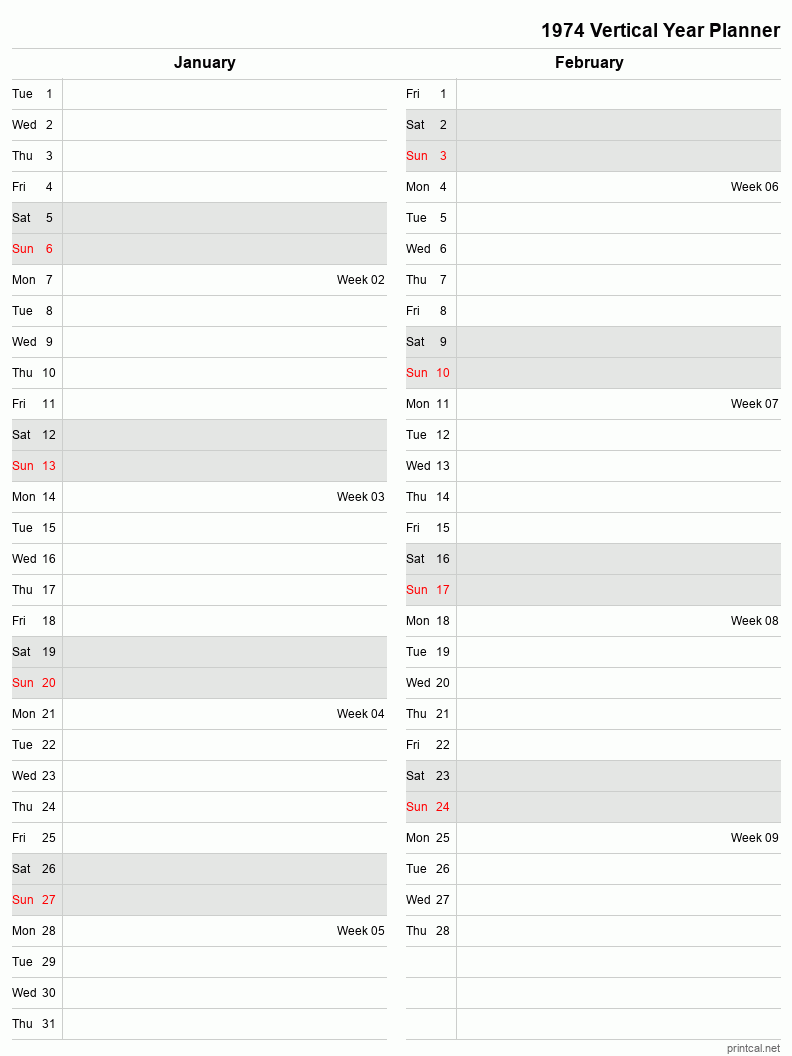 1974 Year Planner, January-February