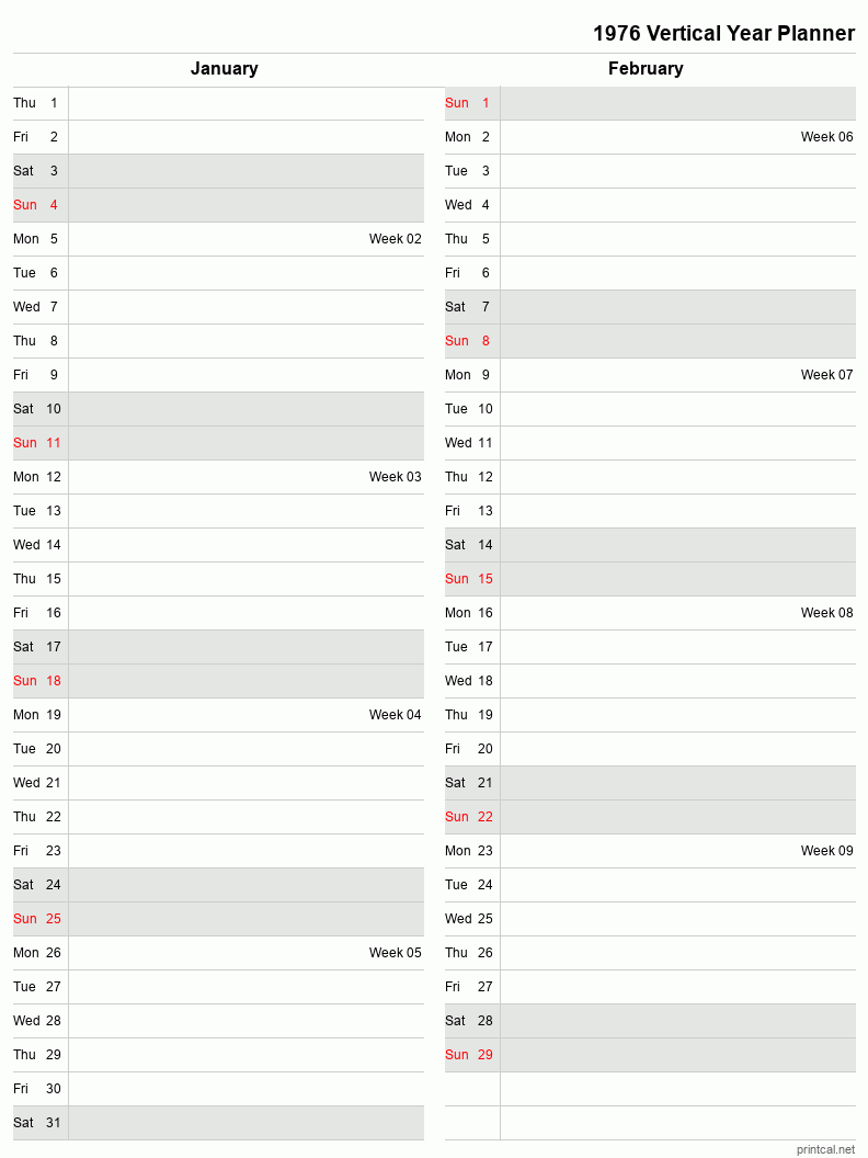 1976 Year Planner, January-February