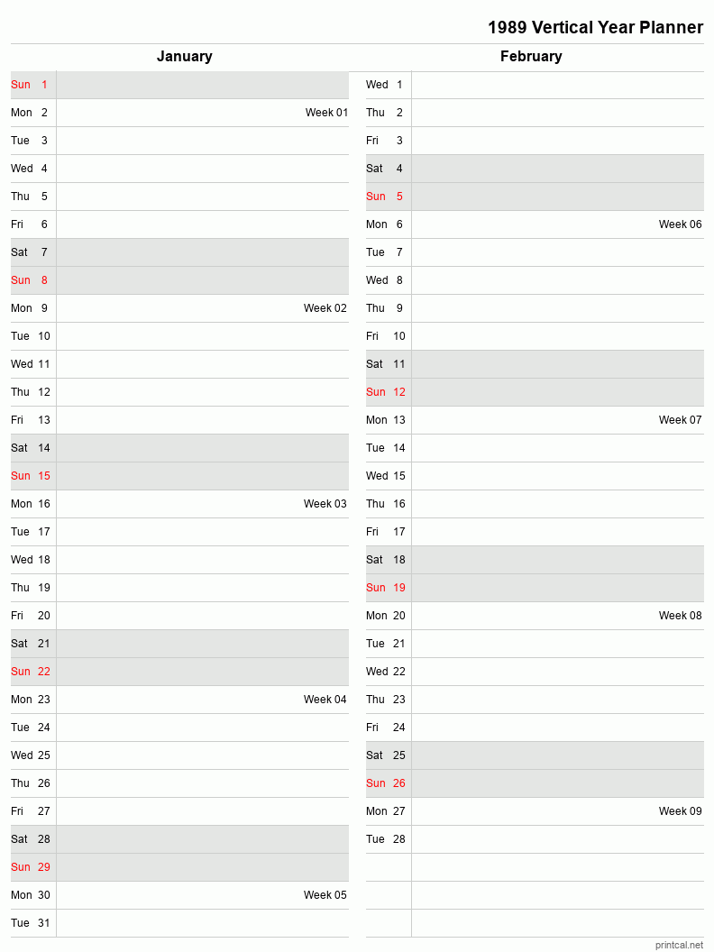 1989 Year Planner, January-February