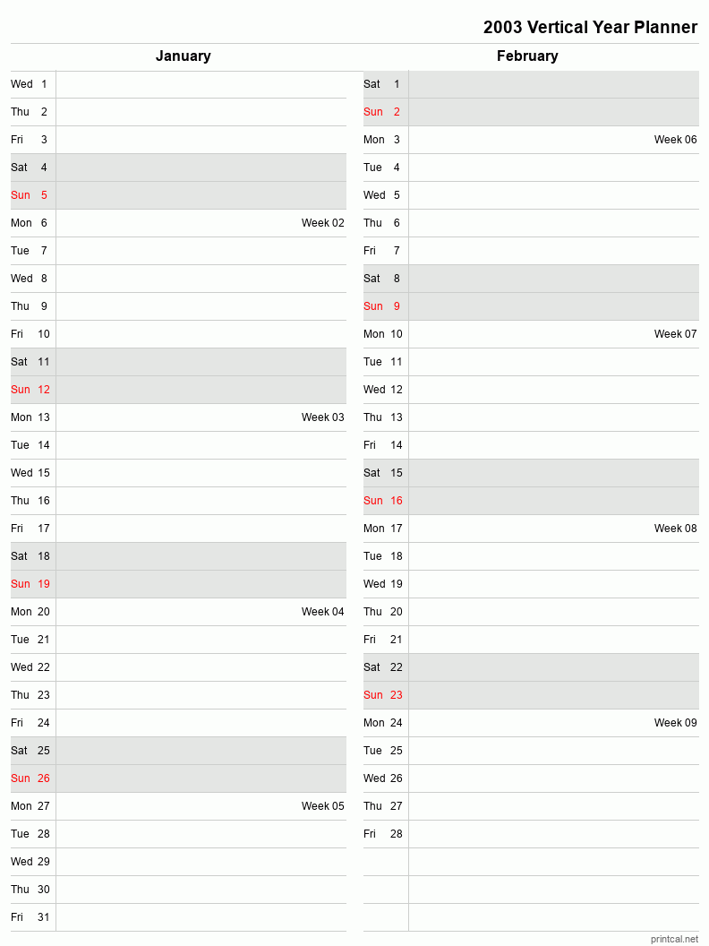 2003 Year Planner, January-February