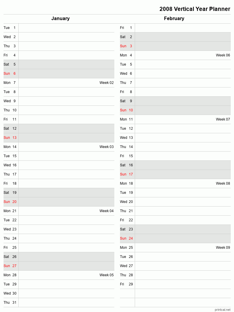 2008 Year Planner, January-February