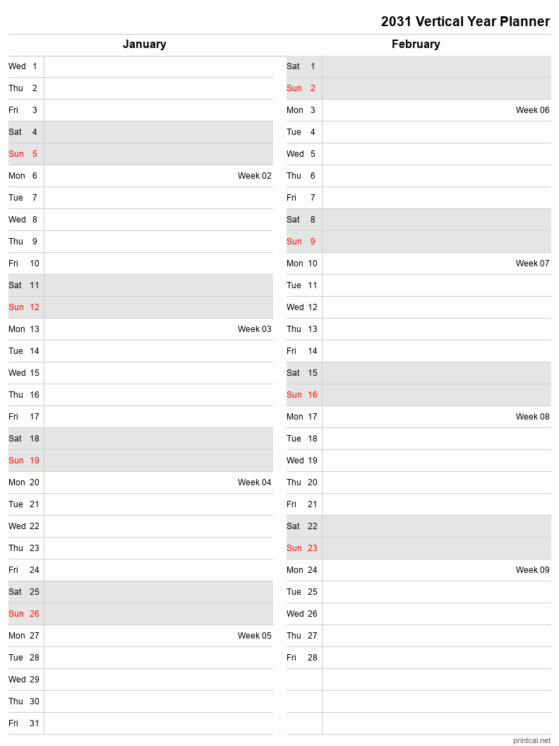 Printable 2031 Year Planner | Two Month per Page Template