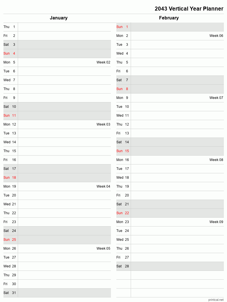 2043 Year Planner, January-February