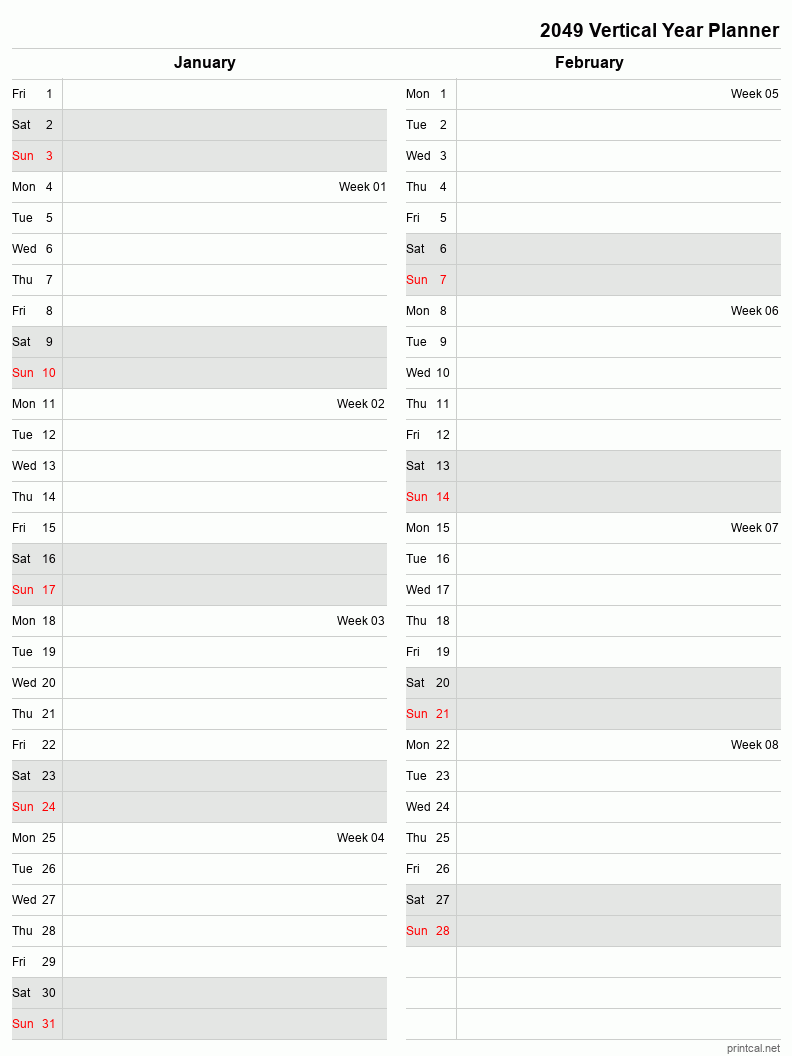 2049 Year Planner, January-February