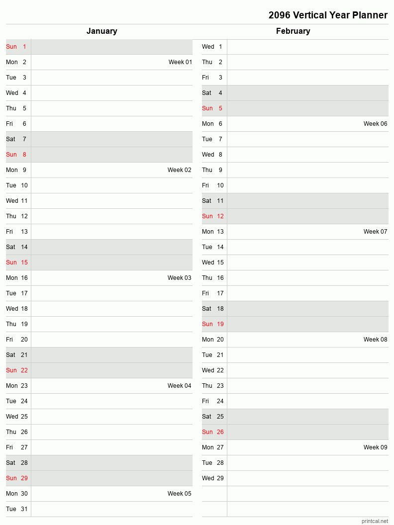 2096 Year Planner, January-February