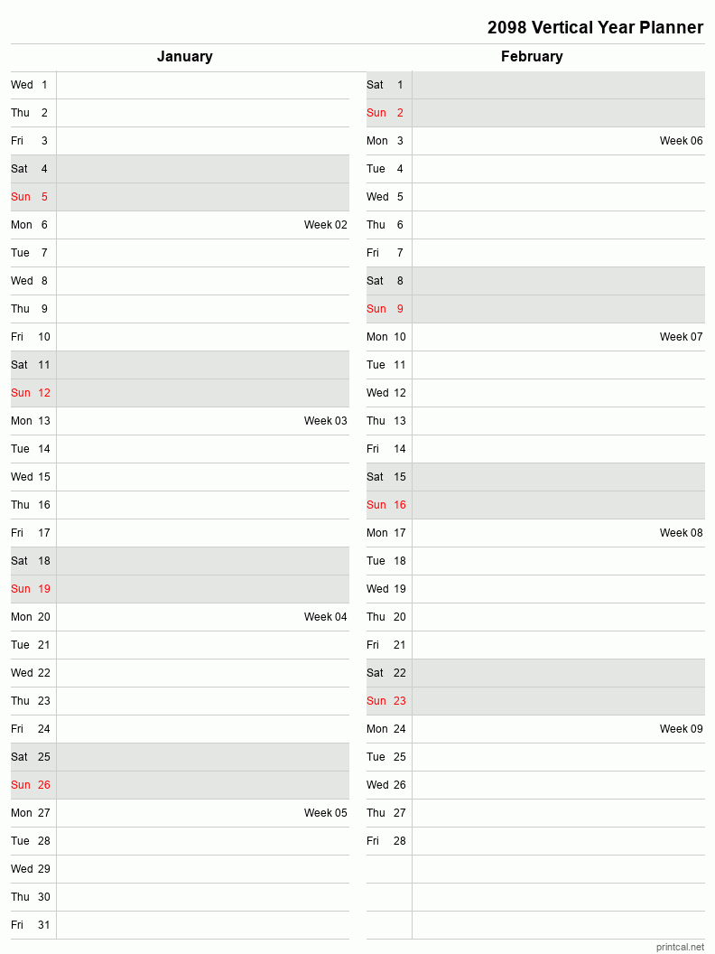 2098 Year Planner, January-February