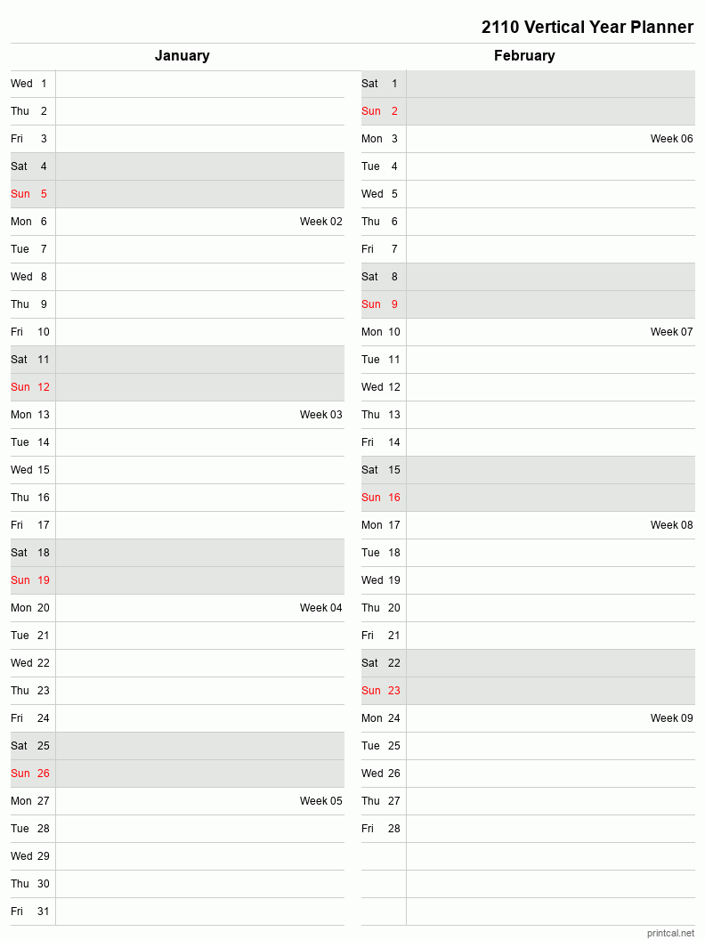 2110 Year Planner, January-February