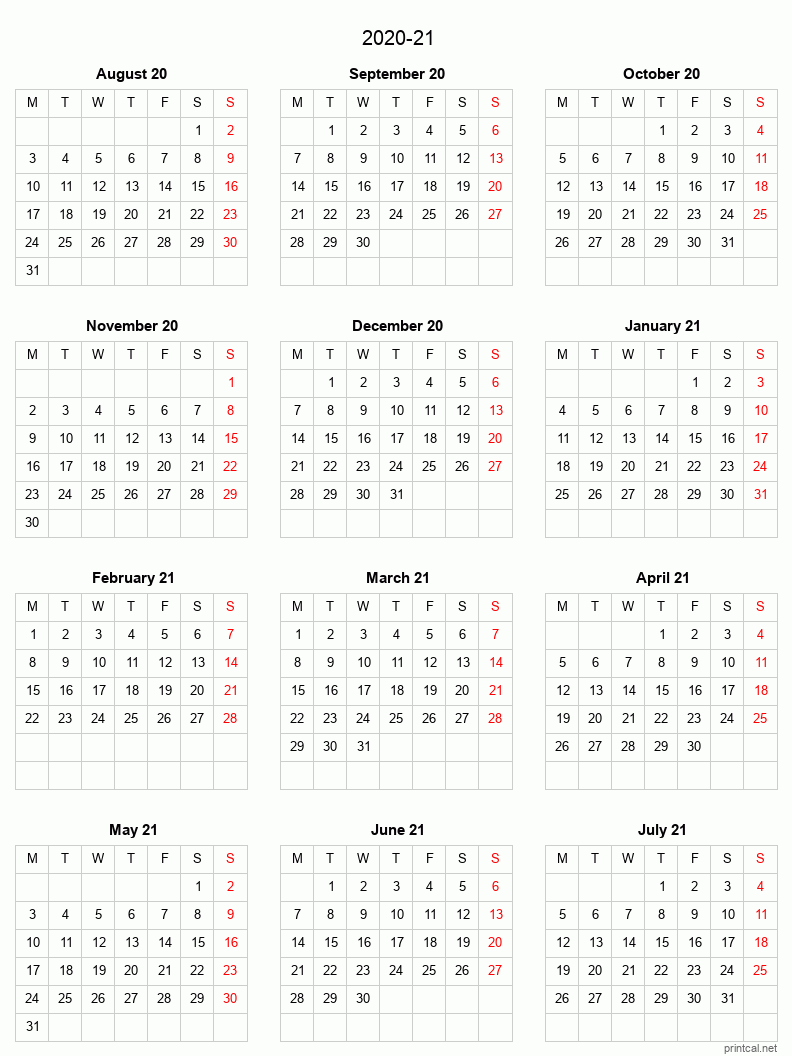Printable 2020 21 Split Year Academic Calendar