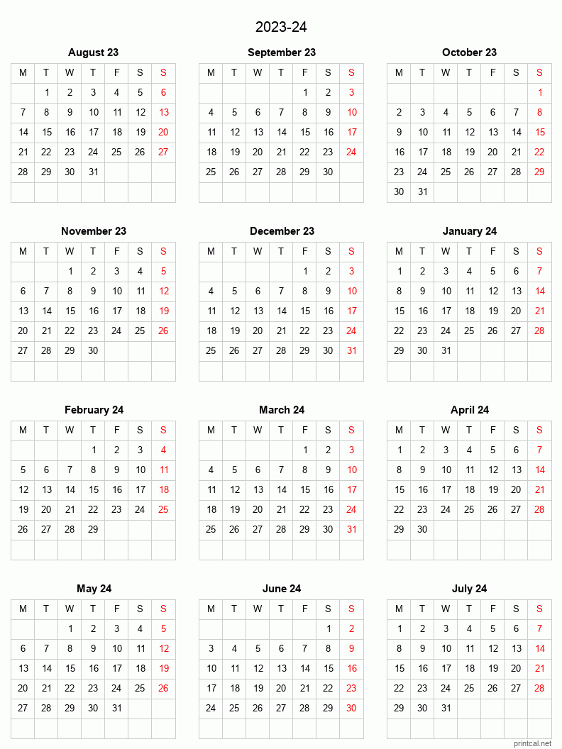 Printable 202324 Split Year Academic Calendar