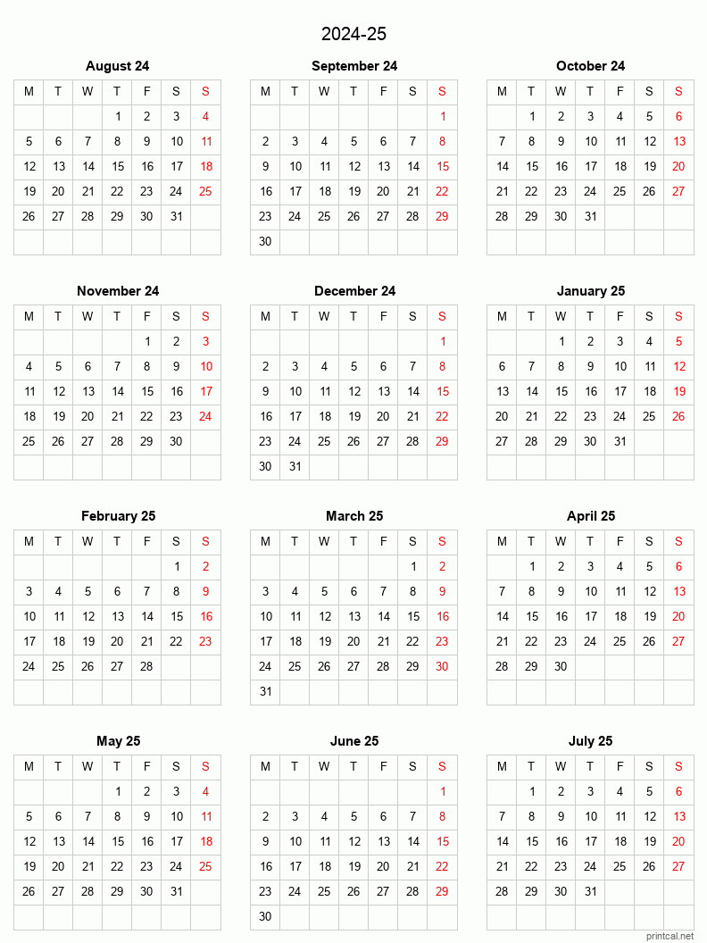 Split-year Academic Calendar from August 2024 to July 1