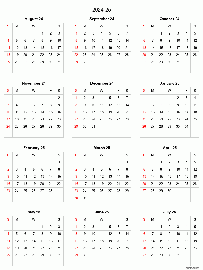 Printable 2024-25 Split Year Academic Calendar Printable 2024-25 Split Year Academic Calendar