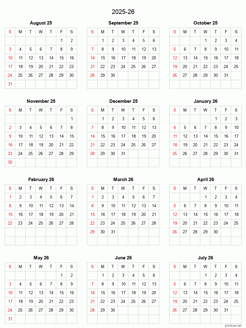 Split-year Academic Calendar from August 2025 to July 1