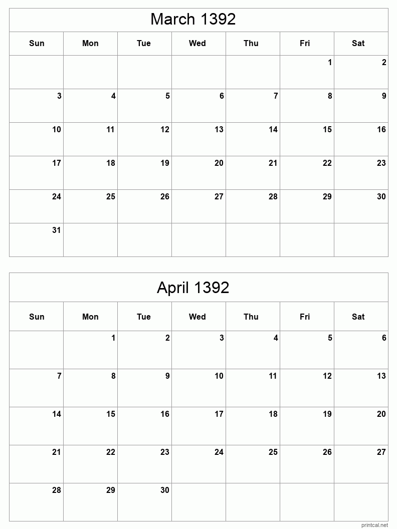 2 month calendar March to April 1392