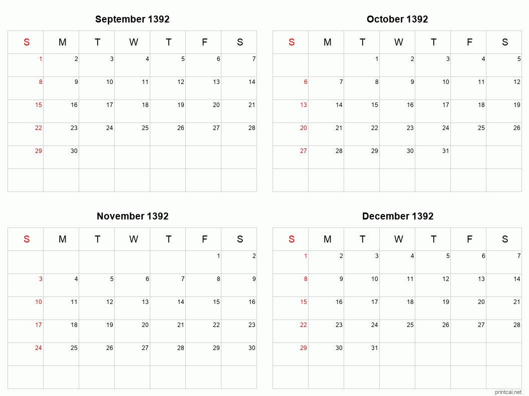 4 month calendar September to December 1392