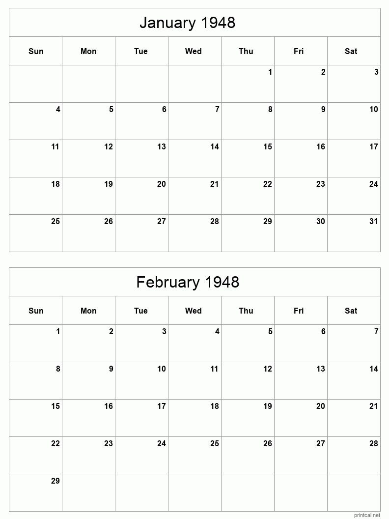 2 month calendar January to February 1948