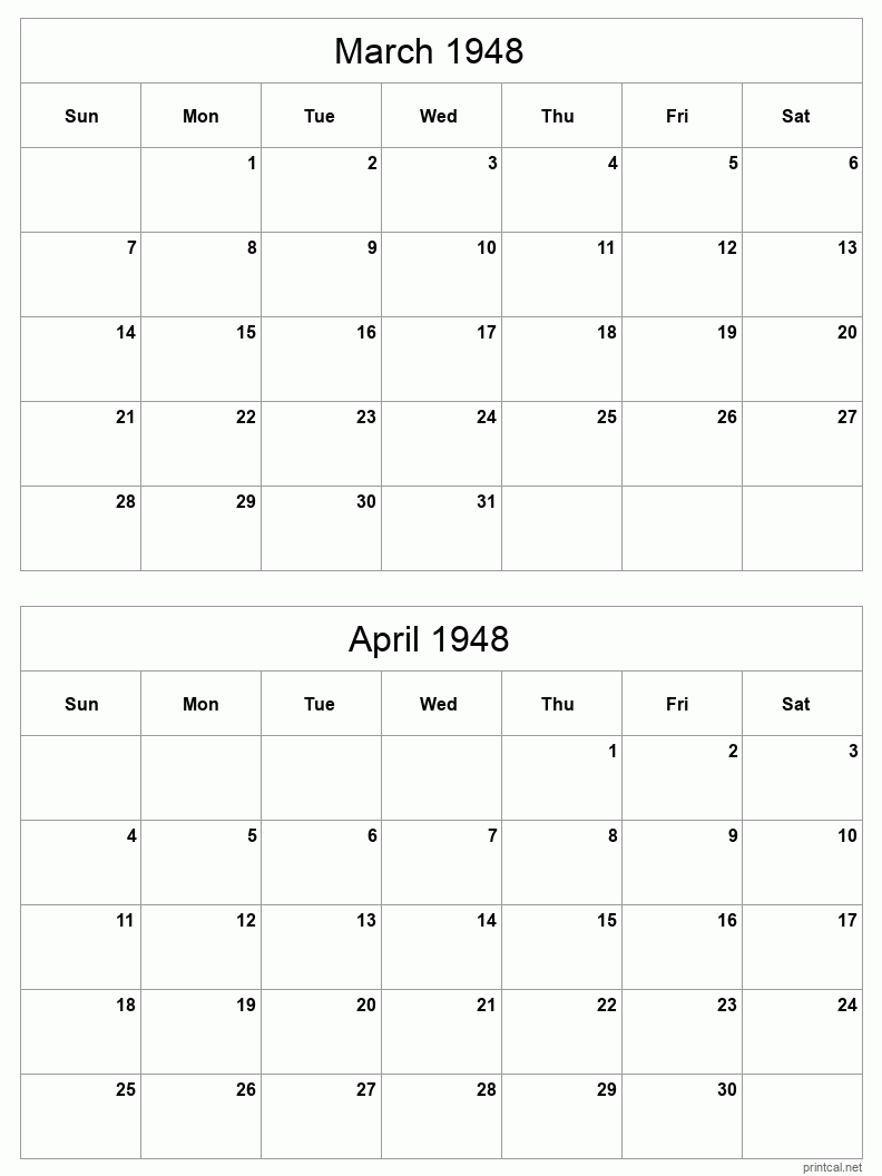 2 month calendar March to April 1948