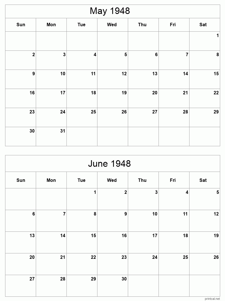 2 month calendar May to June 1948