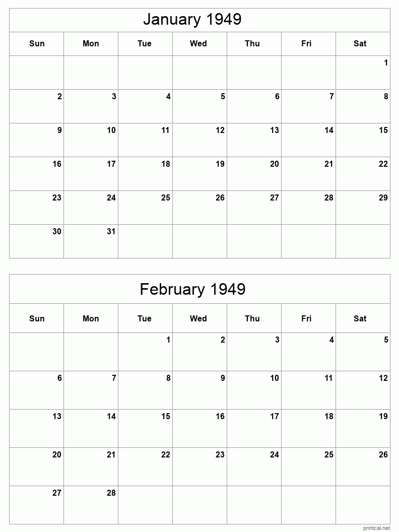 2 month calendar January to February 1949