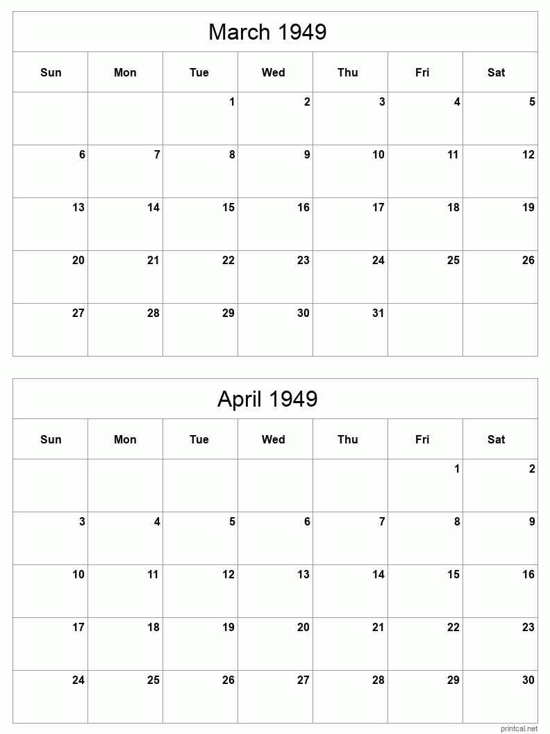 2 month calendar March to April 1949