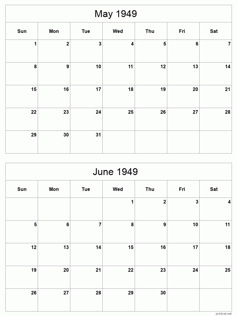 2 month calendar May to June 1949