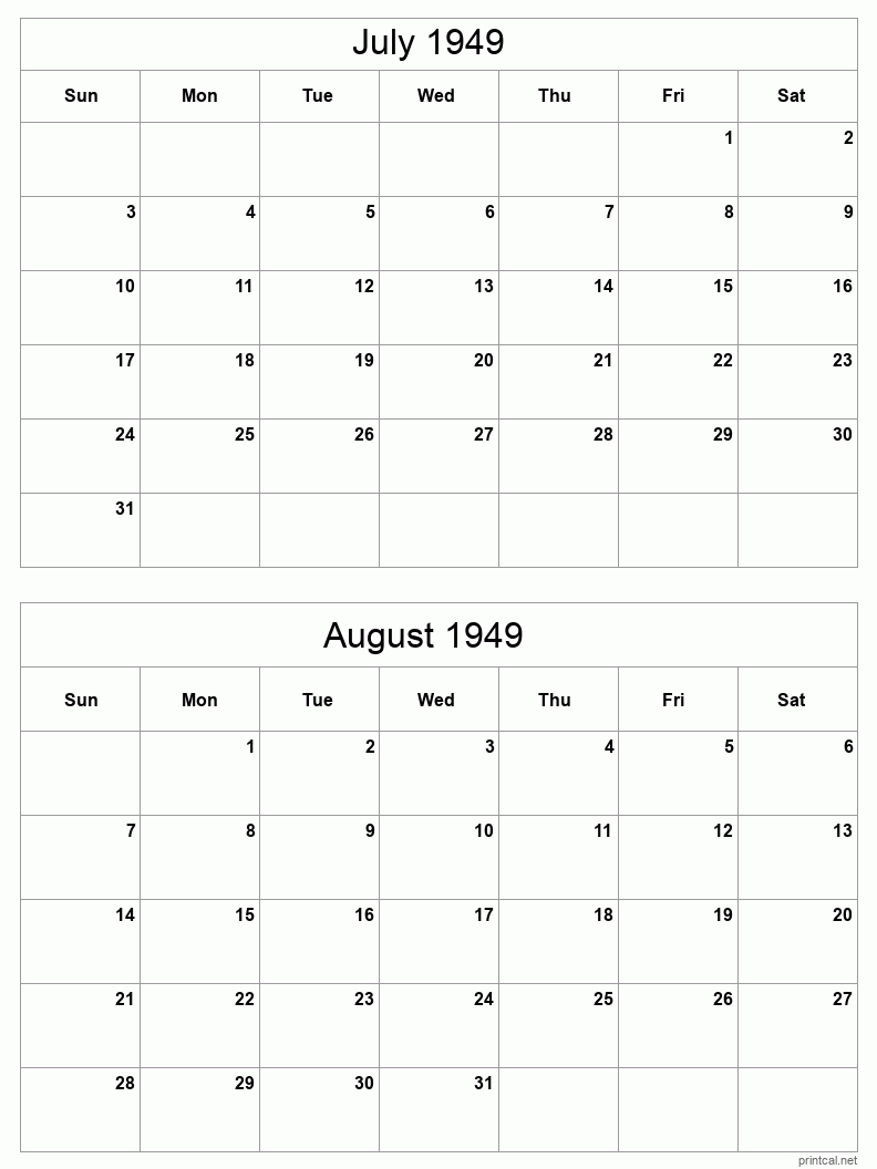 2 month calendar July to August 1949