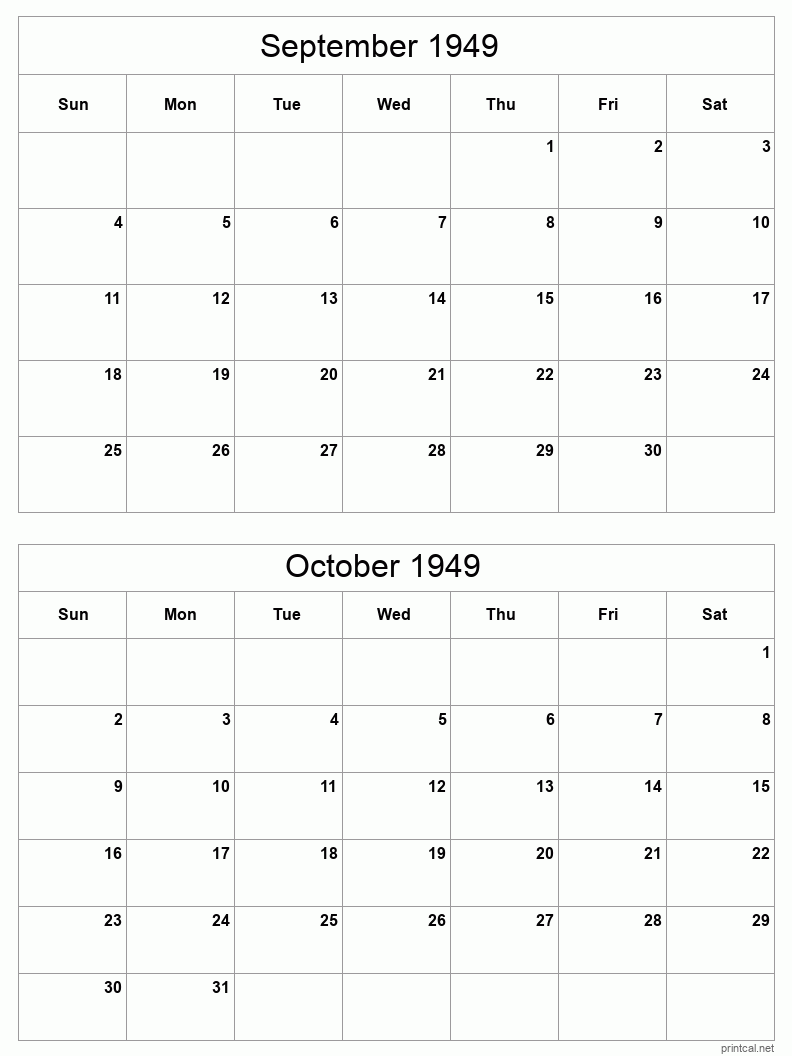 2 month calendar September to October 1949