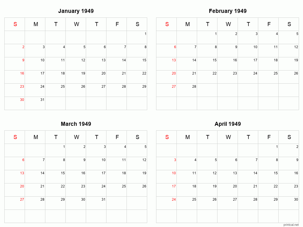 4 month calendar January to April 1949