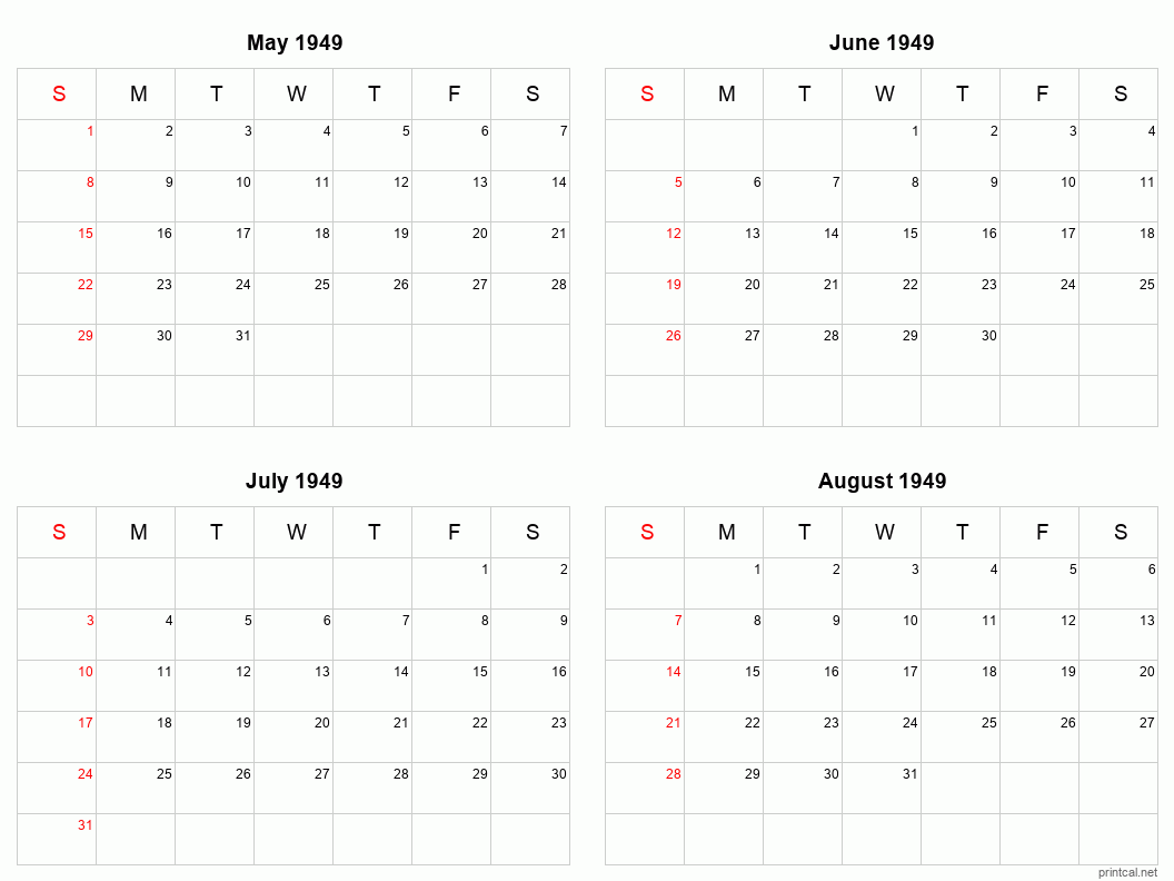 4 month calendar May to August 1949