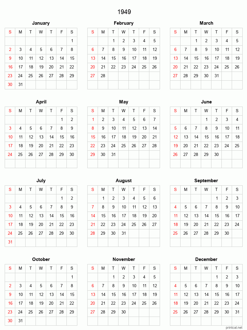 Printable 1949 Full-Year Calendar