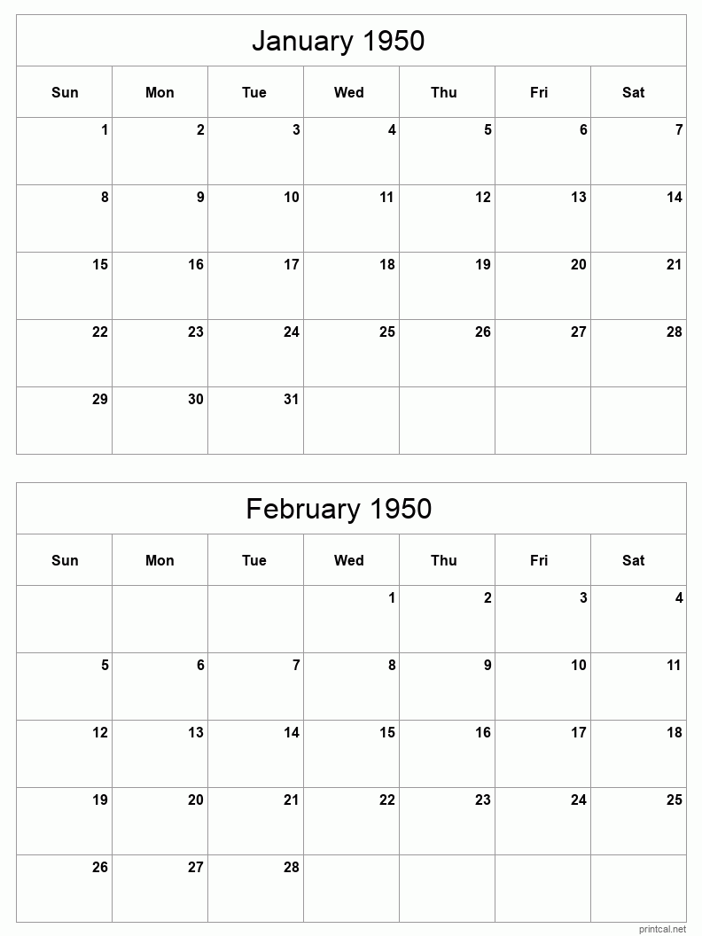 2 month calendar January to February 1950