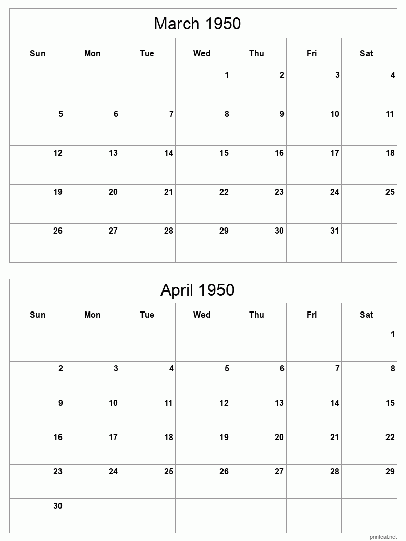 2 month calendar March to April 1950