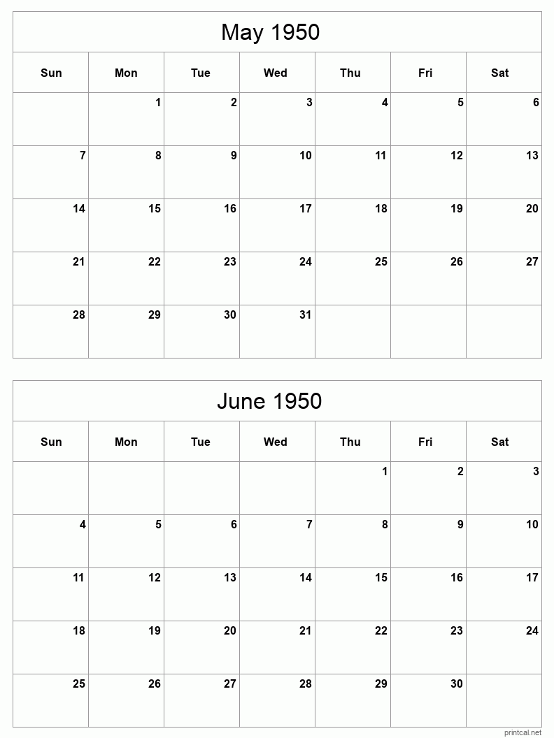 2 month calendar May to June 1950