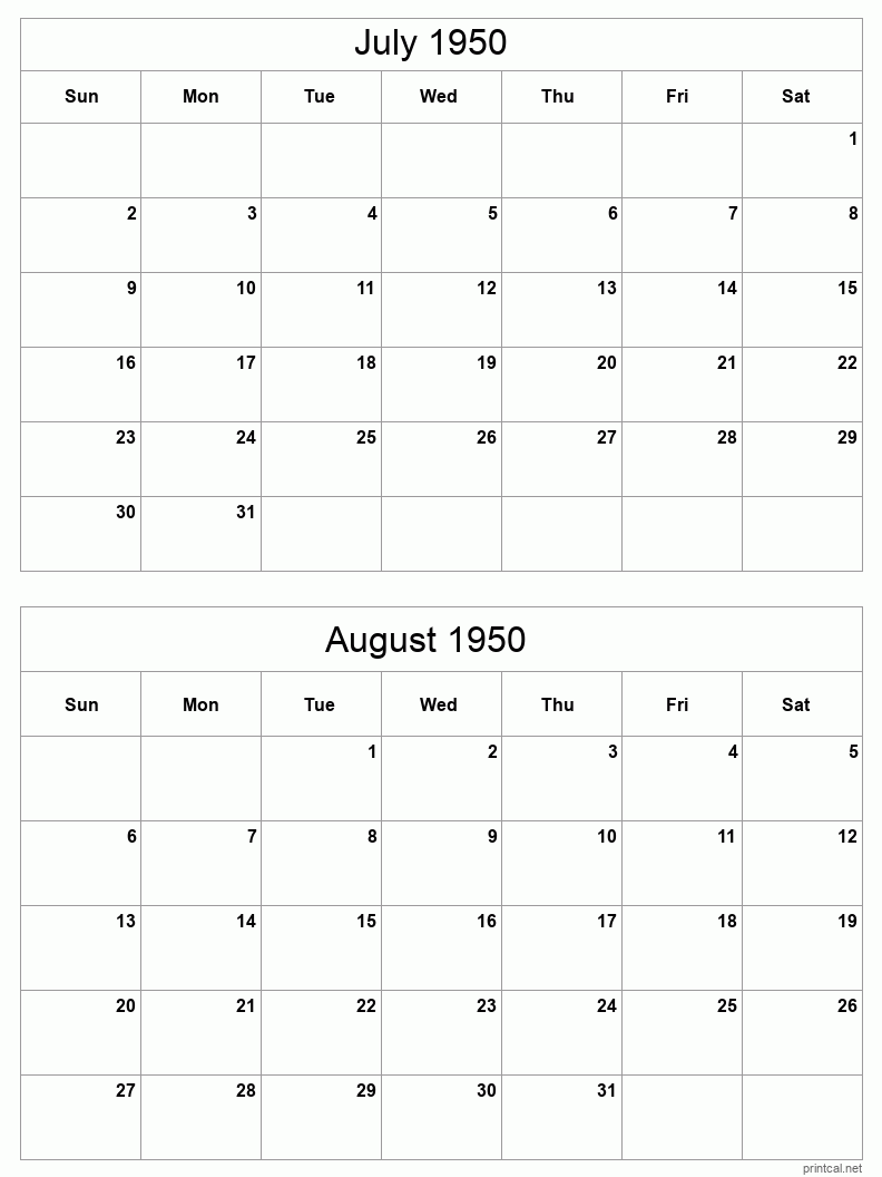 2 month calendar July to August 1950