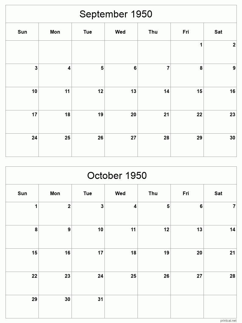 2 month calendar September to October 1950