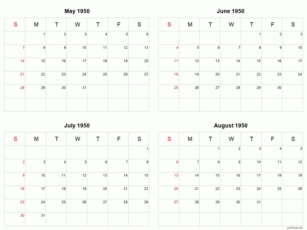 4 month calendar May to August 1950