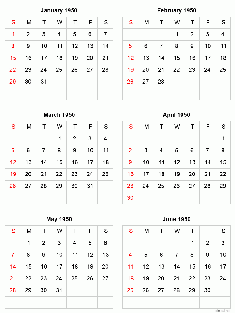 6 month calendar January to June 1950