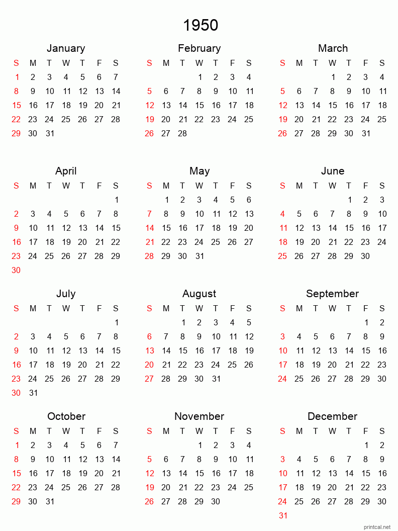 Printable 1950 Yearly Calendar