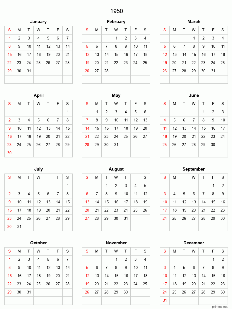 Printable 1950 Full-Year Calendar