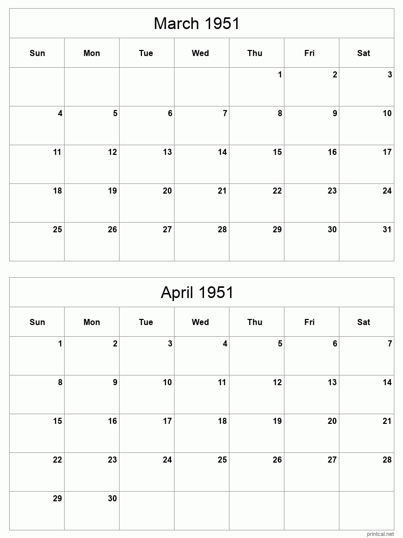 2 month calendar March to April 1951